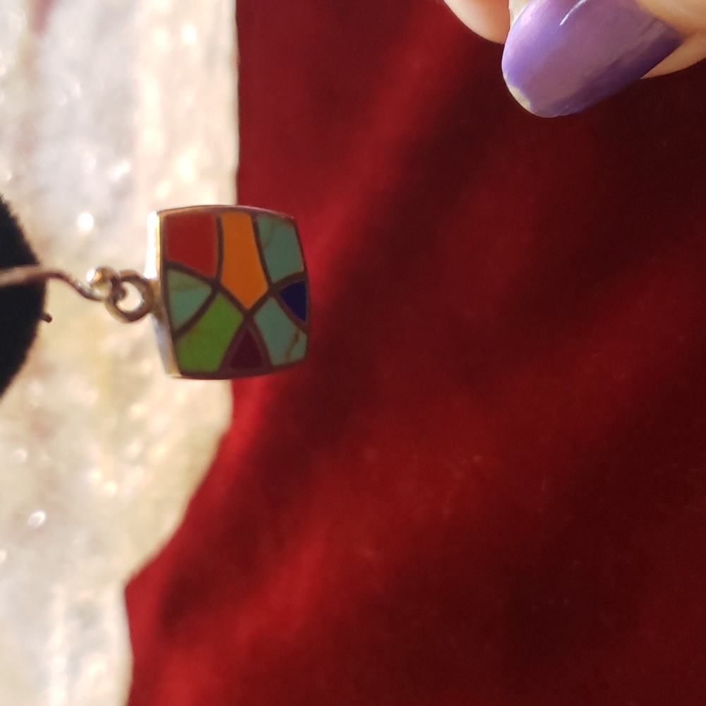 Vintage Inlaid Sterling Multi Stone Southwestern Handcrafted Artisan Earrings - Picture 6 of 11
